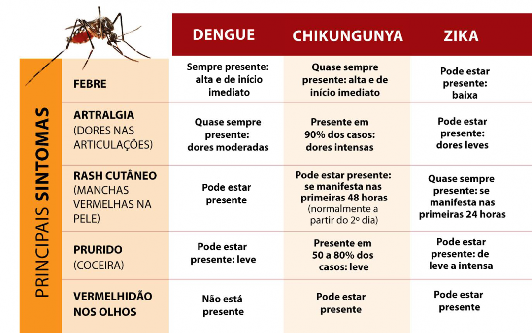 Tabela comparativa dos sintomas de dengue, chikungunya e zika